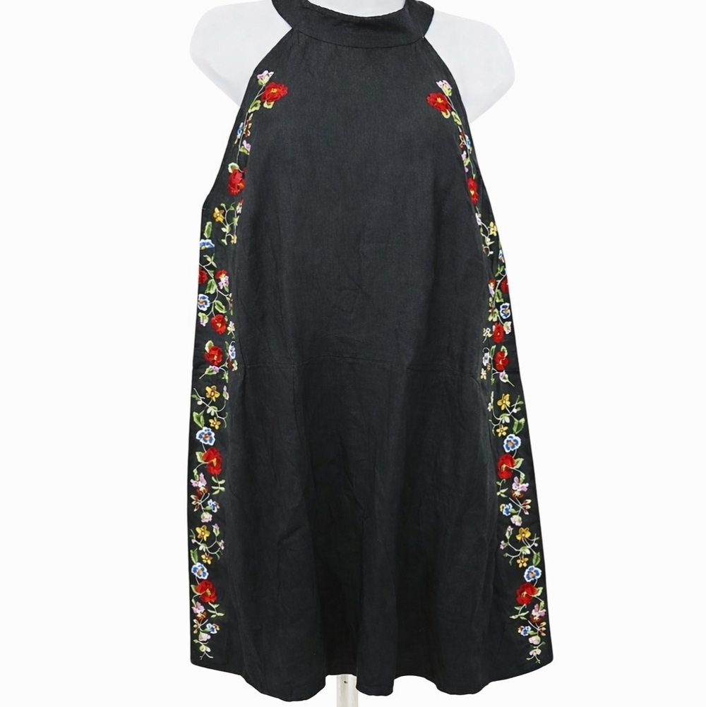 VENUS Black Embroidered Midi Halter Dress Size Large
